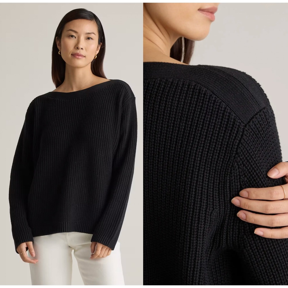 Quince Organic Cotton Fisherman Boatneck Shaker Rib Knit Sweater Black Medium